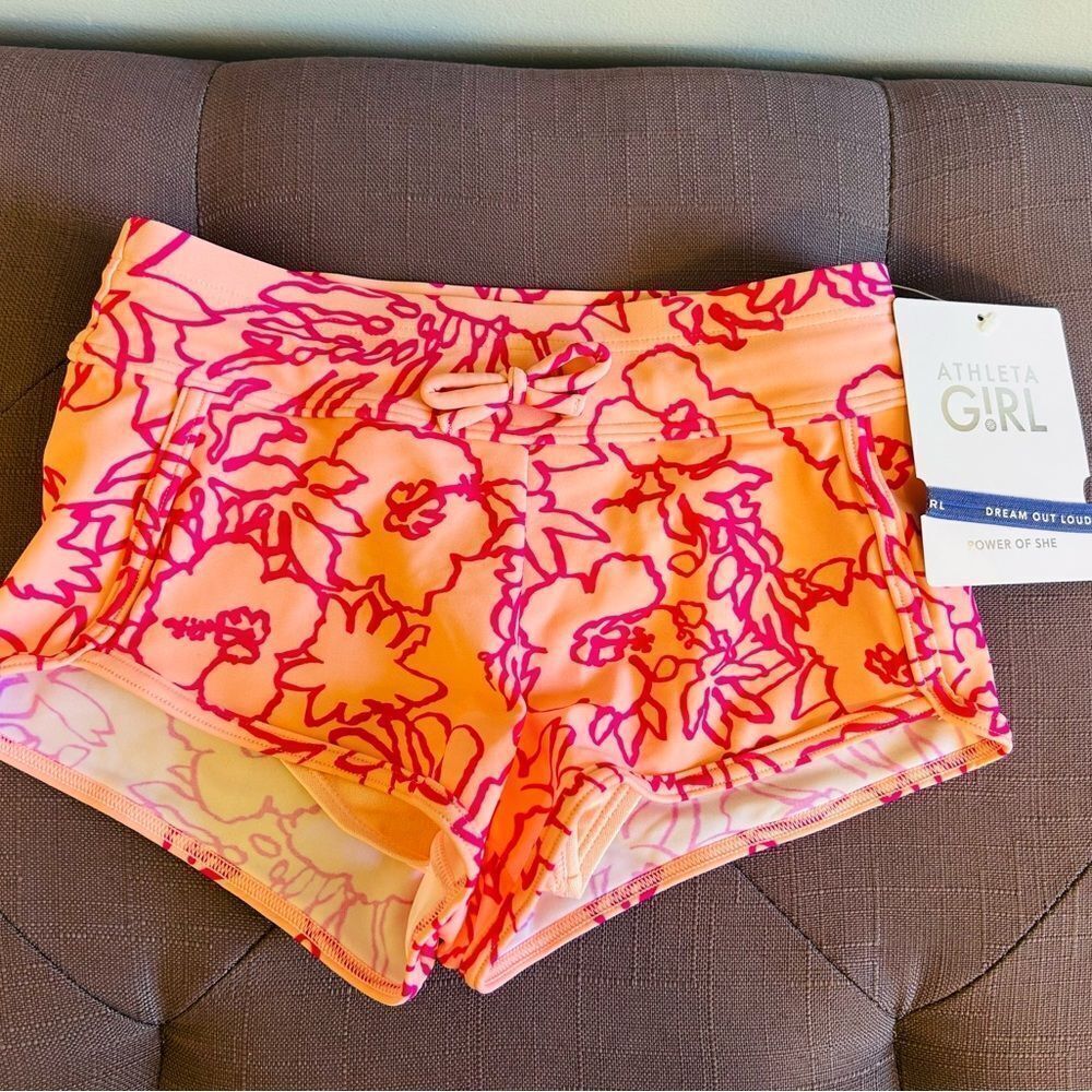 NWT Athleta Girl Cannonball Coral and Pink Floral Swim Shorts!